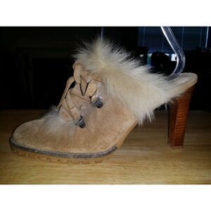 Coach Mules Kristy Heels Women Sz 7.5 D Leatherware Faux Fur Lace‎ Up Designer